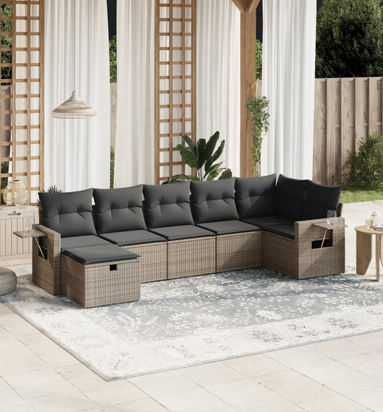 7-tlg. Garten-Sofagarnitur mit Kissen Grau Poly Rattan