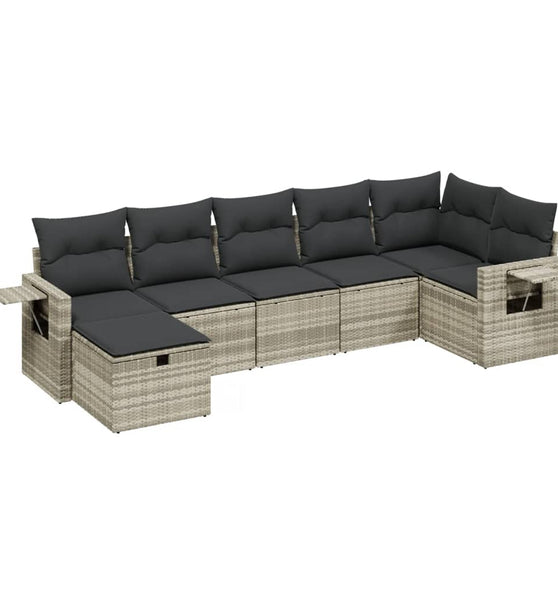 7-tlg. Garten-Sofagarnitur mit Kissen Hellgrau Poly Rattan