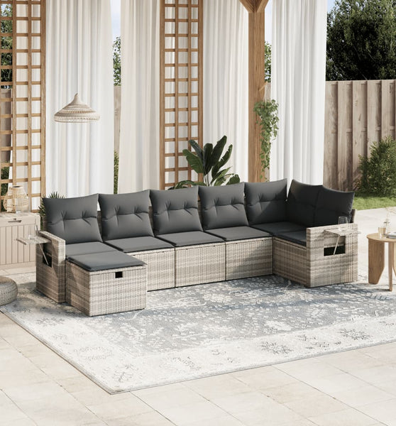 7-tlg. Garten-Sofagarnitur mit Kissen Hellgrau Poly Rattan