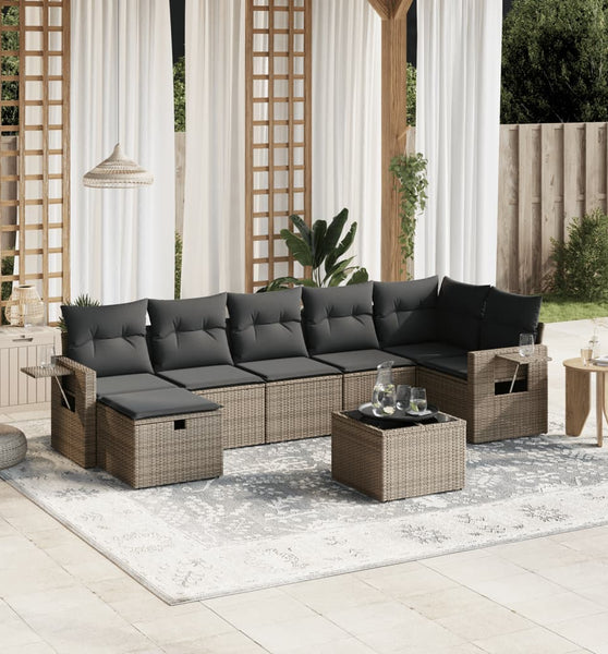 8-tlg. Garten-Sofagarnitur mit Kissen Grau Poly Rattan