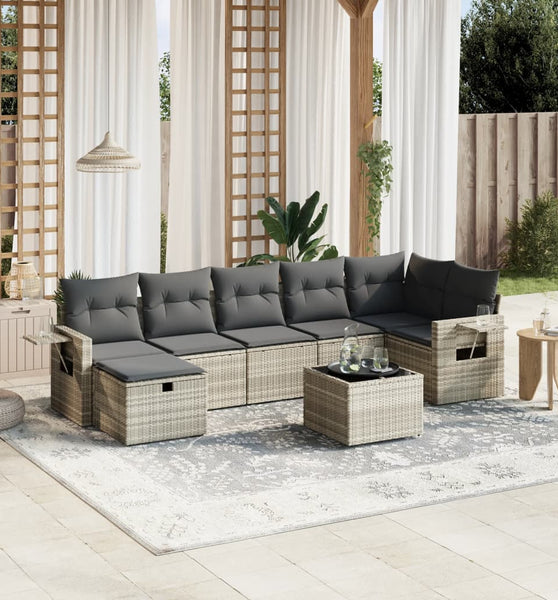 8-tlg. Garten-Sofagarnitur mit Kissen Hellgrau Poly Rattan