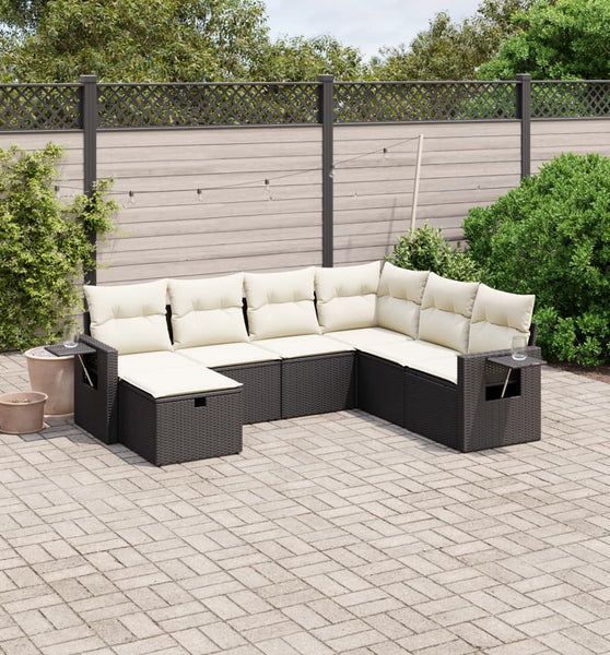 7-tlg. Garten-Sofagarnitur mit Kissen Schwarz Poly Rattan