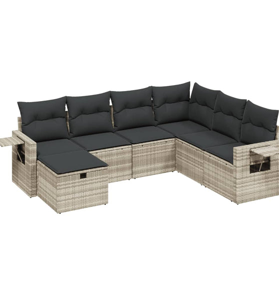 7-tlg. Garten-Sofagarnitur mit Kissen Hellgrau Poly Rattan