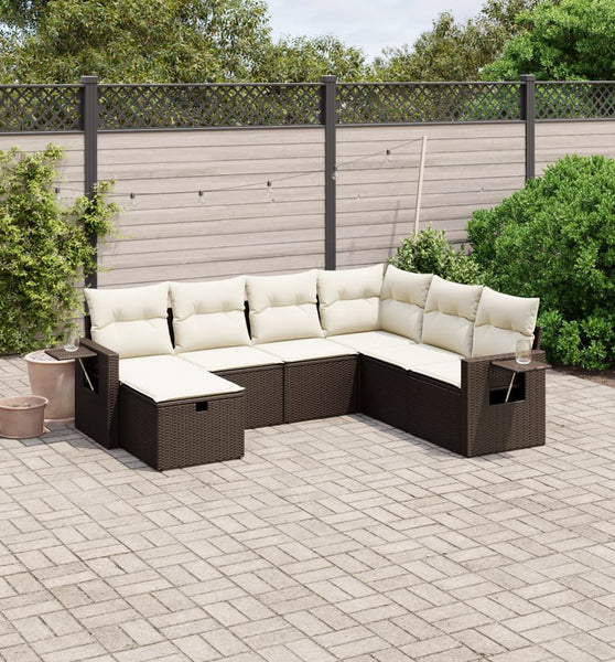 7-tlg. Garten-Sofagarnitur mit Kissen Braun Poly Rattan