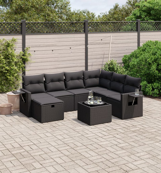 8-tlg. Garten-Sofagarnitur mit Kissen Schwarz Poly Rattan