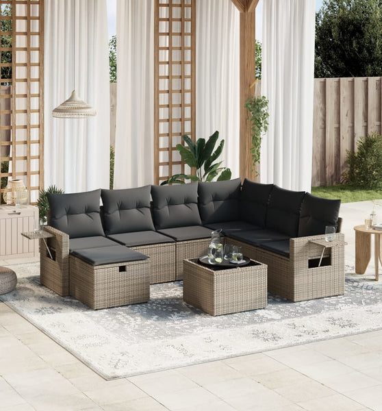 8-tlg. Garten-Sofagarnitur mit Kissen Grau Poly Rattan