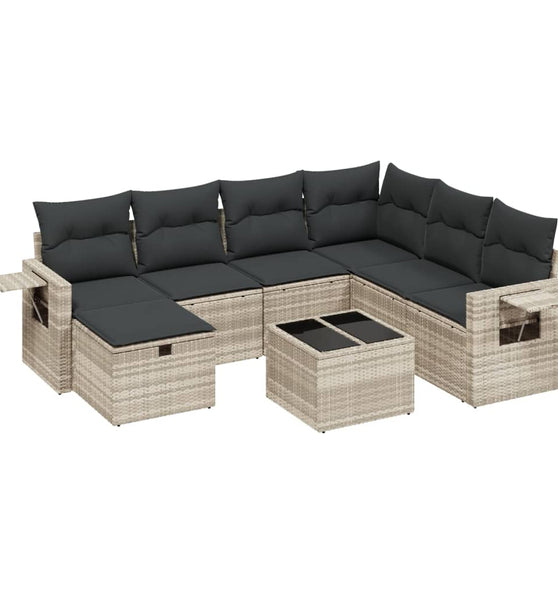 8-tlg. Garten-Sofagarnitur mit Kissen Hellgrau Poly Rattan
