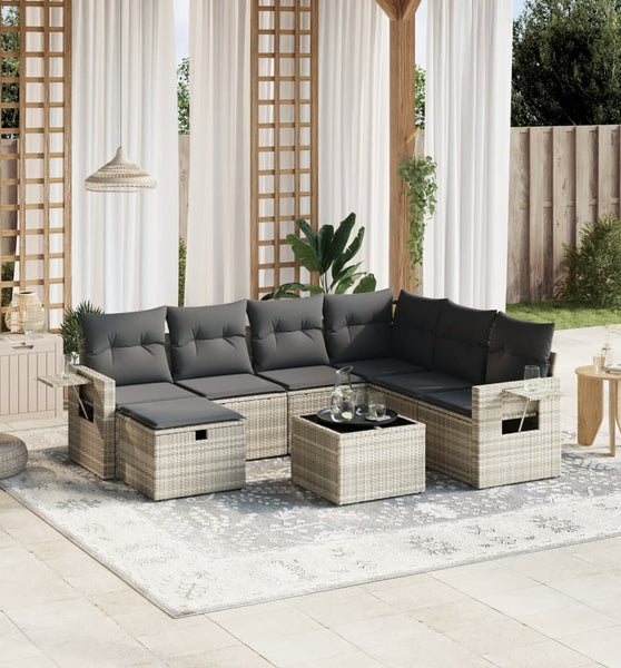 8-tlg. Garten-Sofagarnitur mit Kissen Hellgrau Poly Rattan