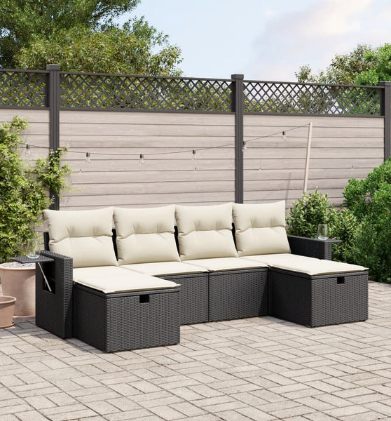 6-tlg. Garten-Sofagarnitur mit Kissen Schwarz Poly Rattan