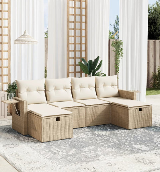 6-tlg. Garten-Sofagarnitur mit Kissen Beige Poly Rattan