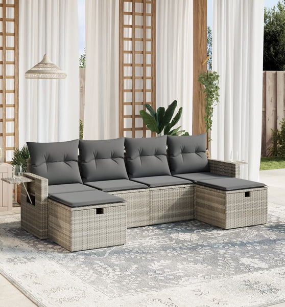 6-tlg. Garten-Sofagarnitur mit Kissen Hellgrau Poly Rattan