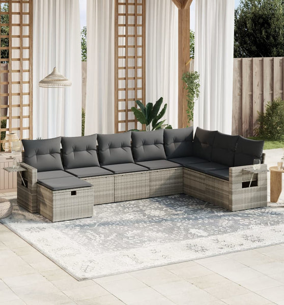 8-tlg. Garten-Sofagarnitur mit Kissen Hellgrau Poly Rattan