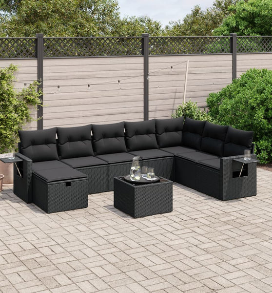 9-tlg. Garten-Sofagarnitur mit Kissen Schwarz Poly Rattan