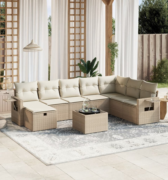 9-tlg. Garten-Sofagarnitur mit Kissen Beige Poly Rattan