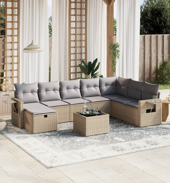 9-tlg. Garten-Sofagarnitur mit Kissen Beige Poly Rattan
