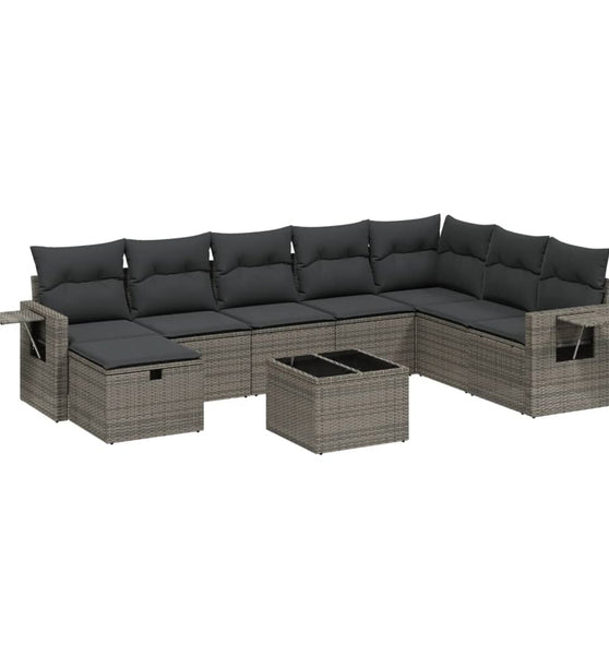 9-tlg. Garten-Sofagarnitur mit Kissen Grau Poly Rattan