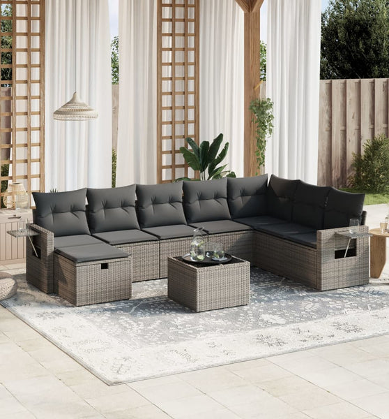 9-tlg. Garten-Sofagarnitur mit Kissen Grau Poly Rattan