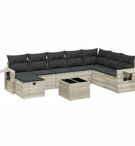 9-tlg. Garten-Sofagarnitur mit Kissen Hellgrau Poly Rattan