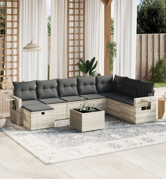9-tlg. Garten-Sofagarnitur mit Kissen Hellgrau Poly Rattan