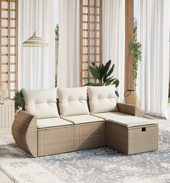 4-tlg. Garten-Sofagarnitur mit Kissen Beige Poly Rattan