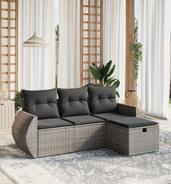 4-tlg. Garten-Sofagarnitur mit Kissen Grau Poly Rattan