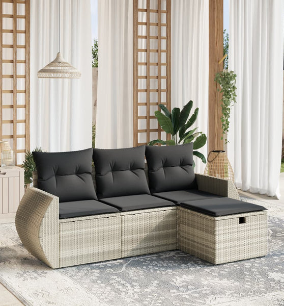 4-tlg. Garten-Sofagarnitur mit Kissen Hellgrau Poly Rattan