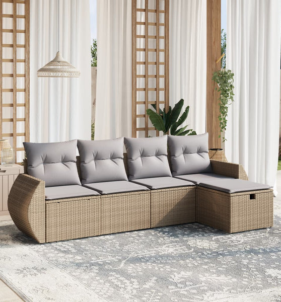 5-tlg. Garten-Sofagarnitur mit Kissen Beige Poly Rattan