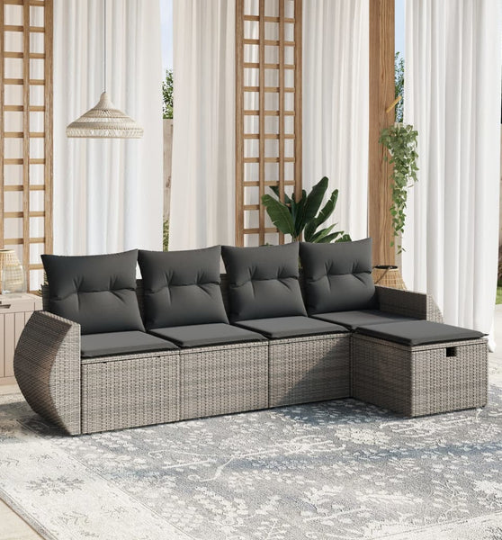 5-tlg. Garten-Sofagarnitur mit Kissen Grau Poly Rattan