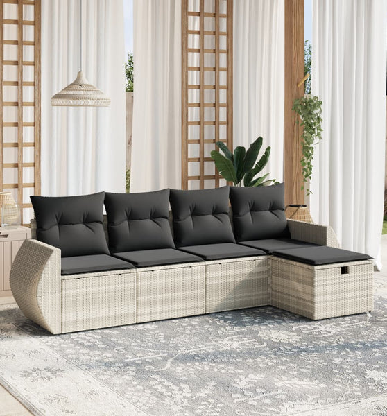 5-tlg. Garten-Sofagarnitur mit Kissen Hellgrau Poly Rattan