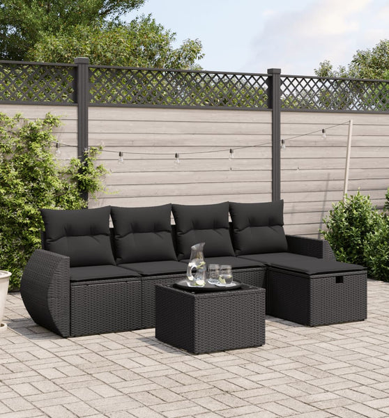 6-tlg. Garten-Sofagarnitur mit Kissen Schwarz Poly Rattan