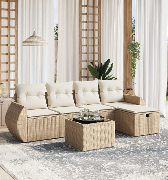 6-tlg. Garten-Sofagarnitur mit Kissen Beige Poly Rattan