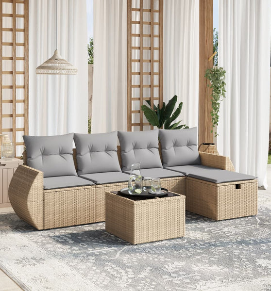 6-tlg. Garten-Sofagarnitur mit Kissen Beige Poly Rattan