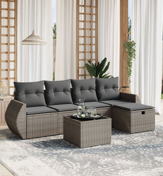 6-tlg. Garten-Sofagarnitur mit Kissen Grau Poly Rattan