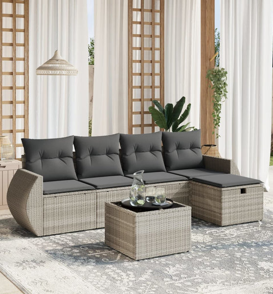 6-tlg. Garten-Sofagarnitur mit Kissen Hellgrau Poly Rattan