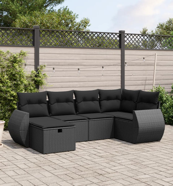 6-tlg. Garten-Sofagarnitur mit Kissen Schwarz Poly Rattan