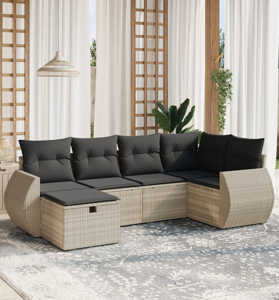 6-tlg. Garten-Sofagarnitur mit Kissen Hellgrau Poly Rattan