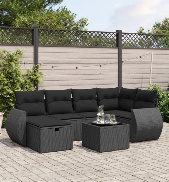 7-tlg. Garten-Sofagarnitur mit Kissen Schwarz Poly Rattan