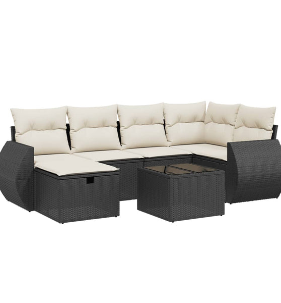 7-tlg. Garten-Sofagarnitur mit Kissen Schwarz Poly Rattan