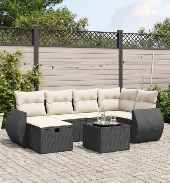 7-tlg. Garten-Sofagarnitur mit Kissen Schwarz Poly Rattan
