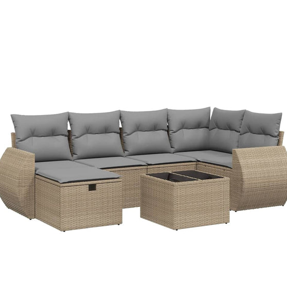 7-tlg. Garten-Sofagarnitur mit Kissen Beige Poly Rattan