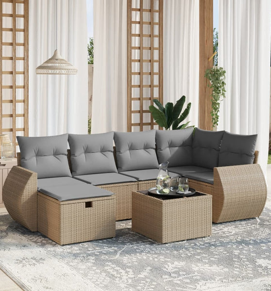 7-tlg. Garten-Sofagarnitur mit Kissen Beige Poly Rattan