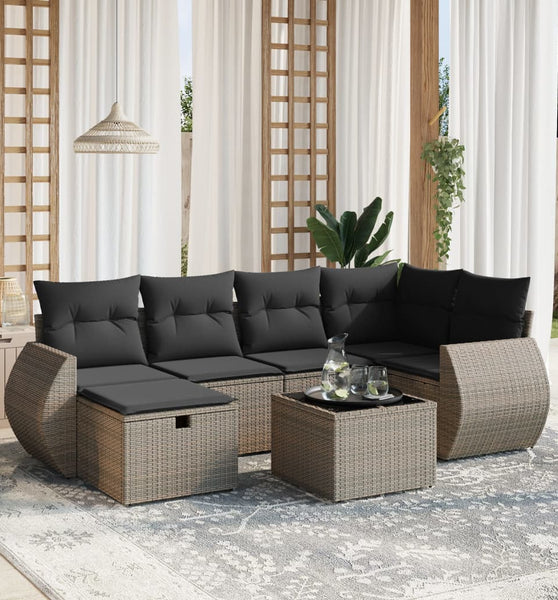 7-tlg. Garten-Sofagarnitur mit Kissen Grau Poly Rattan