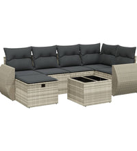 7-tlg. Garten-Sofagarnitur mit Kissen Hellgrau Poly Rattan