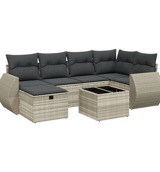 7-tlg. Garten-Sofagarnitur mit Kissen Hellgrau Poly Rattan