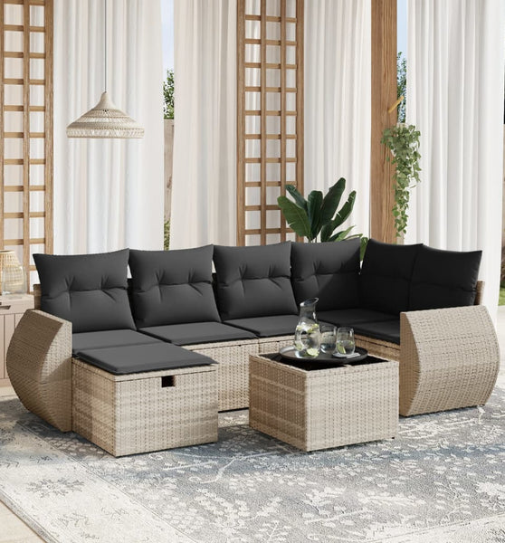 7-tlg. Garten-Sofagarnitur mit Kissen Hellgrau Poly Rattan