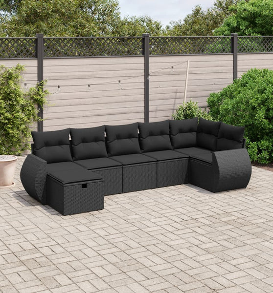 7-tlg. Garten-Sofagarnitur mit Kissen Schwarz Poly Rattan