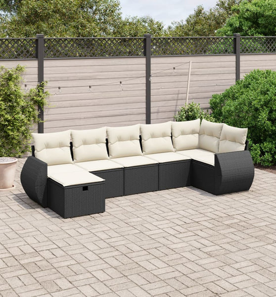 7-tlg. Garten-Sofagarnitur mit Kissen Schwarz Poly Rattan