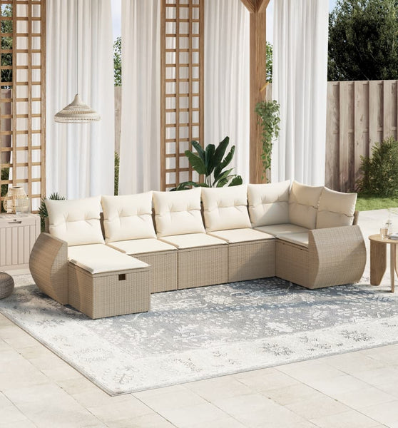 7-tlg. Garten-Sofagarnitur mit Kissen Beige Poly Rattan