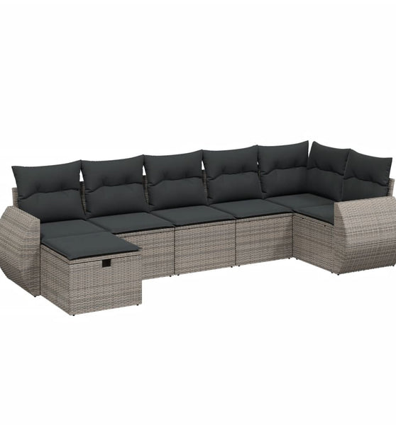 7-tlg. Garten-Sofagarnitur mit Kissen Grau Poly Rattan