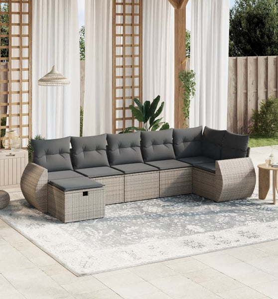 7-tlg. Garten-Sofagarnitur mit Kissen Grau Poly Rattan